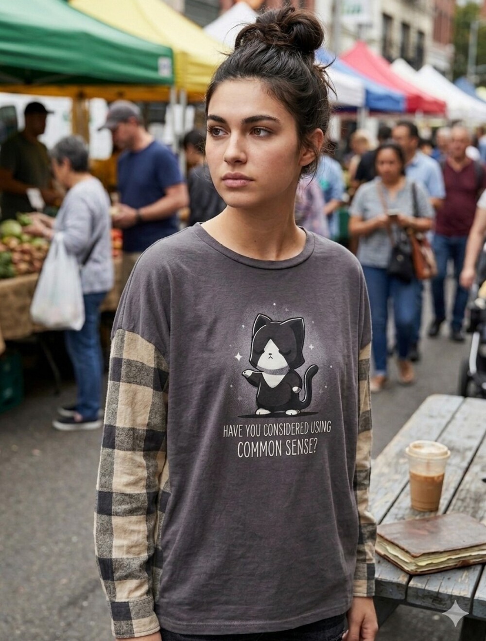 OOAK Sarcastic Cat Charcoal Graphic Tee with Plaid Sides & Sleeves PTP 29"